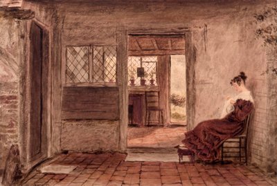 小屋内部与女孩缝纫，c.1828（纸上水彩） 作者 威廉·亨利·亨特