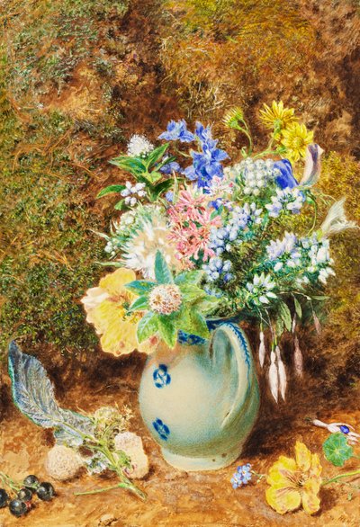 淡蓝色中国水罐与荒地和小花，c.1860 作者 威廉·亨利·亨特