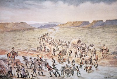 1850年摩门教手推车拓荒者前往西部的犹他州（彩色平版印刷）。 作者 威廉·亨利·杰克逊
