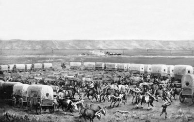 Oxen being yoked up in a corral of covered wagons in a painting by W. H. Jackson, Scotts Bluff, Nebraska: c. 1875 作者 威廉·亨利·杰克逊