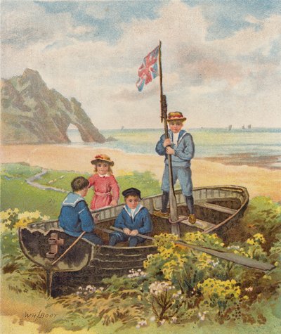 孩子们在沙滩上的小船上玩耍（色谱法） 作者 William Henry James (after) Boot