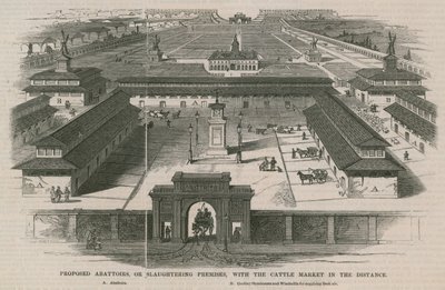 建议的屠宰场，或屠宰场所，与远处的牛市场 作者 William Henry Prior