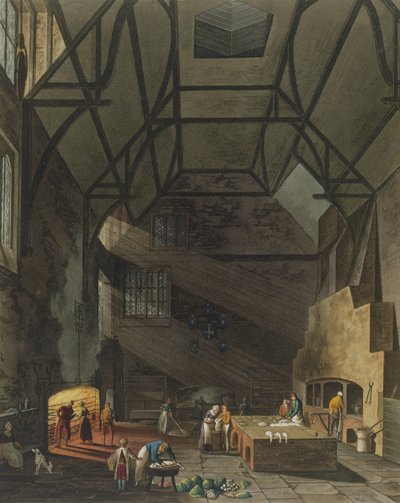 厨房内部，剑桥三一学院，剑桥历史，由Joseph Constantine Stadler（fl.1780-1812）雕刻，酒吧。作者：R. Ackermann，1815年（彩色aquatint） 作者 威廉·亨利·佩恩