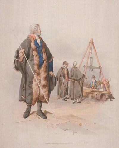 沃德-比德尔（Ward Beadle）身着公民服装，手持法杖，在沃德莫特审讯中，1805年。 作者 威廉·亨利·佩恩