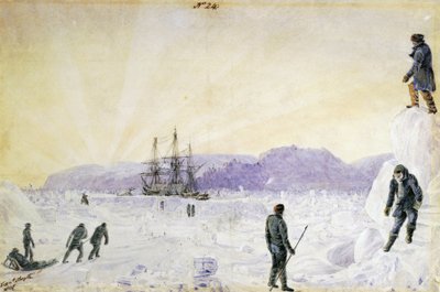 恐怖号在加拿大努纳武特南安普顿岛附近陷入冰中"，水彩画，威廉-斯迈思，1837 年 1 月 伦敦格林威治国家海事博物馆 作者 威廉·亨利·史密斯