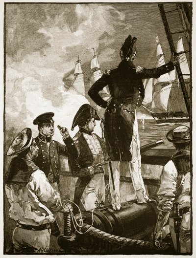 Walpole上尉拦截萨尔达尼亚公爵的船只，插图来自“卡塞尔的英国插图史”（棕褐色照片） 作者 威廉·海沙姆·奥弗兰德