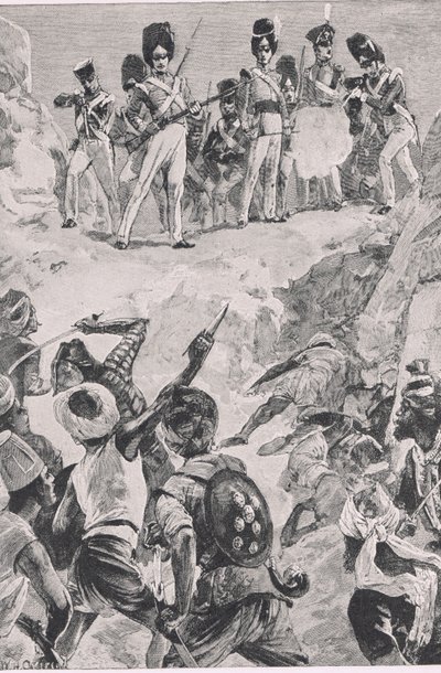 Carmichaels的追随者向密集的男人群中发射了一个凌空：Bharatpur 1826年战役，1915年英国陆地和海上战役的插图 作者 William Heysham Overend