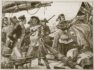 1856年10月8日中国官员在&39;箭头&39;上拖曳英国国旗，插图来自&39;卡塞尔的英国插图史&39;（棕褐色照片） 作者 威廉·海沙姆·奥弗兰德