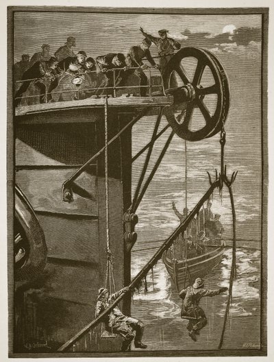 现代科学：在海上拾取电报线，由WJ Palmer雕刻 作者 William Heysham Overend