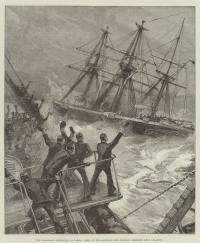 萨摩亚的灾难性飓风，美国船特伦顿的船员欢呼HMS Calliope 作者 威廉·海沙姆·奥弗兰德