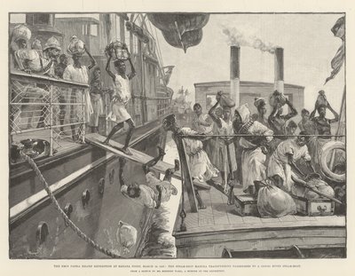 1887年3月18日在香蕉角的Emin Pasha救援探险队，蒸汽船马杜拉将乘客转移到刚果河蒸汽船 作者 威廉·海沙姆·奥弗兰德