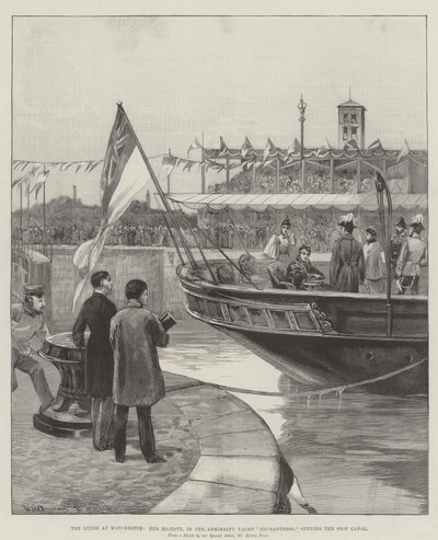 女王在曼彻斯特，女王陛下，在海军部游艇女巫，打开船运河 作者 William Heysham Overend