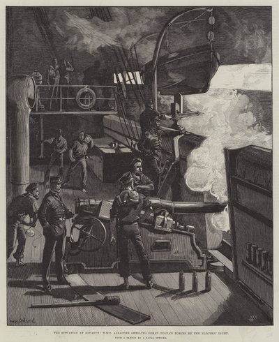 在Souakim的情况，HMS长鳍金枪鱼用电灯轰击奥斯曼迪尼亚的力量 作者 William Heysham Overend
