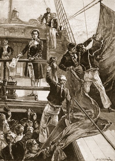 Spithead的哗变：1797年“皇家乔治”的红旗，“卡塞尔的英国插图史”中的插图（棕褐色照片） 作者 威廉·海沙姆·奥弗兰德