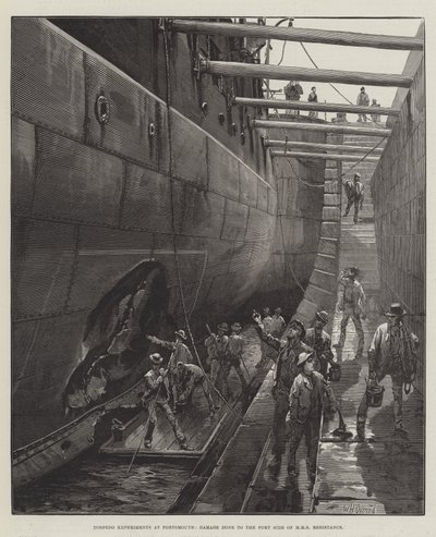 朴茨茅斯的鱼雷实验，对HMS抵抗的左舷造成损坏 作者 William Heysham Overend