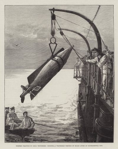 鱼雷实践HMS Thunderer，在实验运行后将Whitehead鱼雷吊在船上 作者 William Heysham Overend