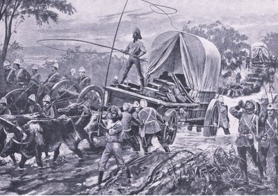 祖鲁战争：Estowe救济部队穿越溪流，1879年4月，英国陆地和海上战役的插图，1915年 作者 威廉·海沙姆·奥弗兰德