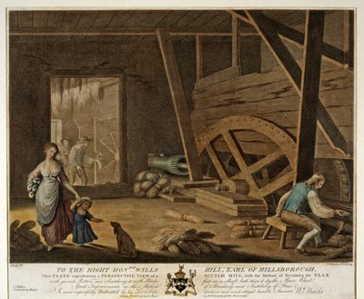 Scutch的内部视图，爱尔兰亚麻制品的板材V，1791， 作者 威廉·欣克斯