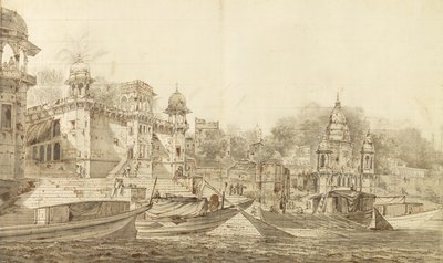 Benares市的一部分的视图，c.1781（灰色洗刷用刷子和墨水在铅笔在纸上放置在洗涤支架上） 作者 威廉·霍奇斯