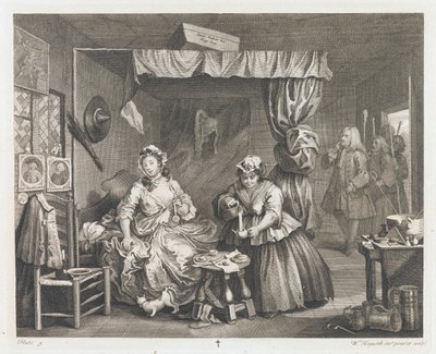 妓女的坠落，设计于1732年，印刷有1744年的劳埃德·斯宾塞礼物（蚀刻和雕刻） 作者 威廉·霍加斯