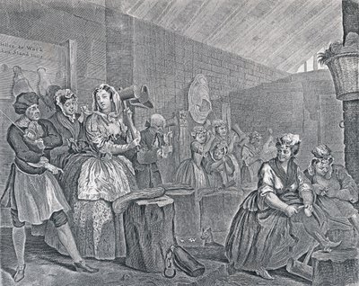 Harlot的进展，第四版：Bridewell的场景，1732年（蚀刻和雕刻） 作者 威廉·霍加斯