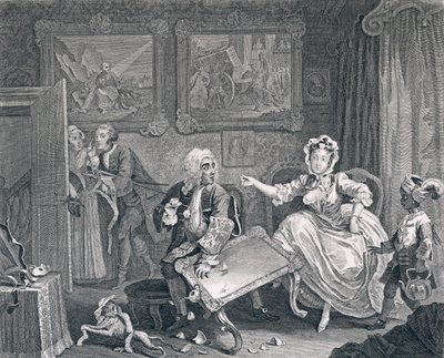 妓女的进步，第二盘：与她的犹太保护者争吵，1732年（蚀刻和雕刻） 作者 威廉·霍加斯