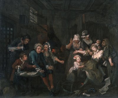 耙子的进步七：监狱里的耙子，1733年 作者 威廉·霍加斯