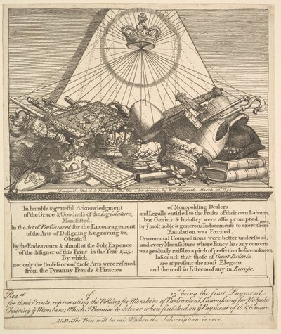 皇冠，米特，狼牙棒等，1755年。 作者 威廉·霍加斯