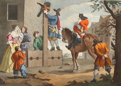 Hudibras leading Crowdero in Triumph，选自塞缪尔-巴特勒（Samuel Butler，1612-80 年）的《Hudibras》，插图选自《霍加斯复原：著名的威廉-霍加斯的全部作品，由托马斯-库克重新雕刻 "中的插图，1812 年出版。1812 年（手绘版画） 作者 威廉·霍加斯