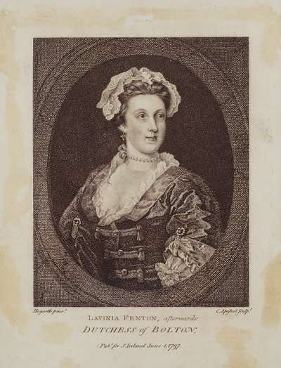 Lavinia Fenton，后来的博尔顿公爵夫人，由Cornelius Apostool（1762-1844）雕刻，1797年（点画雕刻） 作者 威廉·霍加斯