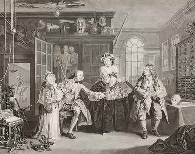 时尚婚姻。第3页：检验- Der Graf und der Quacksalber。 1745年 作者 威廉·霍加斯