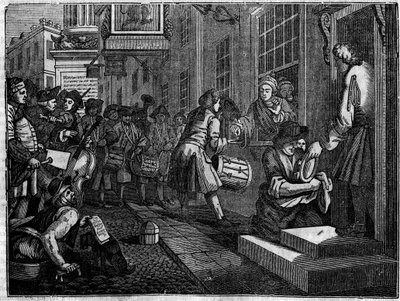 图版来自英国插画家威廉-霍加斯（1697-1764）的12幅系列版画，题为 "工业与闲置"、"泽勒与懒惰"，讲述了两个学徒的职业生涯。古德奇与他的织工师傅的女儿的婚礼 作者 威廉·霍加斯