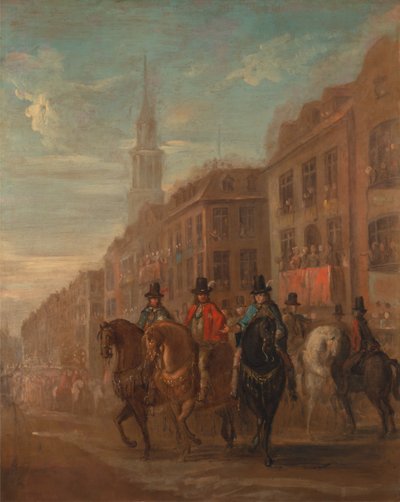 查理二世在Cheapside的复辟游行，约1745年。 作者 威廉·霍加斯