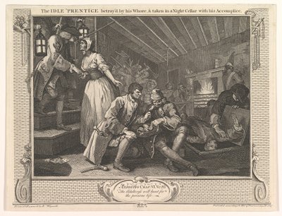 1747年9月30日，被他的妓女背叛的闲散学徒，被带到一个夜间酒窖里，喜剧片。 作者 威廉·霍加斯
