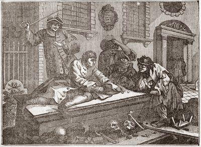 闲散的 "Prentice "在教堂院子里玩耍，在神圣的仪式中--这是英国插图画家威廉-霍加斯（1697-1764）的12幅系列版画中的一幅，题为 "工业与闲散"，"Zele与懒惰"，叙述了两个人的职业生涯。 作者 威廉·霍加斯