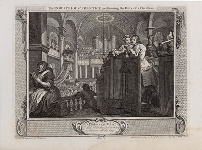 勤奋的 "Prentice履行基督徒的职责。丛书《工业与闲暇》，1747年。 作者 威廉·霍加斯