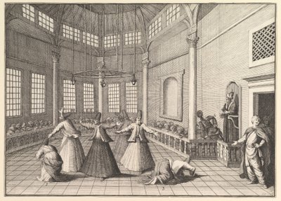 清真寺内部，跳舞Aubry de La Mottrayes的Dervishes游走于...，1723-24年。 作者 威廉·霍加斯