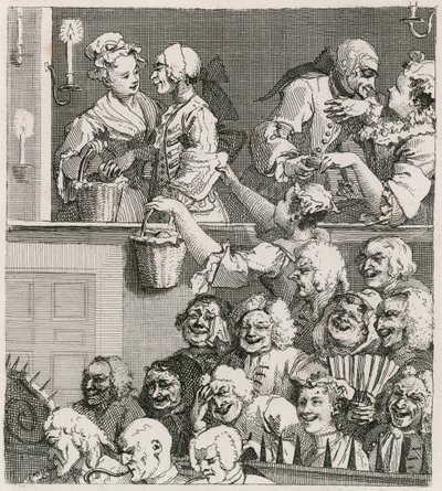 笑的观众。 Hogarth在1733年看到Drury Lane与橙色嚼子 作者 威廉·霍加斯