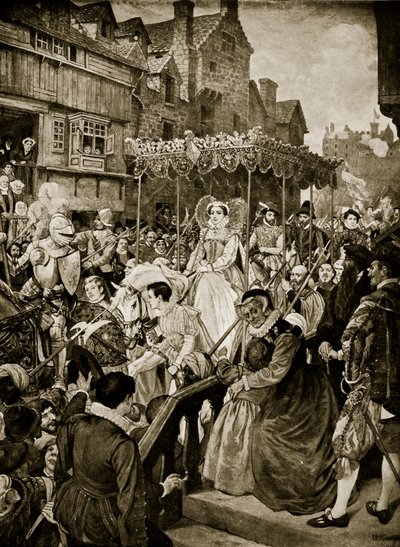 苏格兰玛丽女王于1561年进入爱丁堡，插图来自“哈钦森的英国民族故事”，c.1923 作者 威廉·霍尔