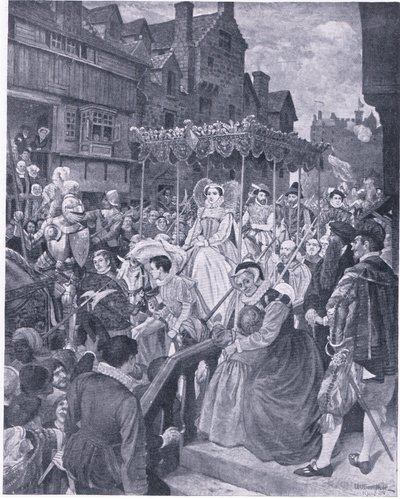 玛丽女王于 1561 年进入爱丁堡，来自 Waverley Book Company 出版的 Cassels History of the British People，c.1950