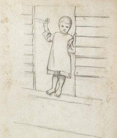 围兜的女孩，站立在窗口壁架，c。 1868  -  1869年（纸上石墨） 作者 威廉·霍尔曼·亨特
