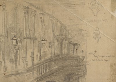 Recto：1863年“威尔士王子与公主婚姻之夜伦敦桥”的伦敦桥研究（抛光纸上的石墨） 作者 威廉·霍尔曼·亨特