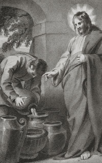 基督将水变成葡萄酒，来自“我们受祝福的主救主耶稣基督的历史和生活”，牧师J.米尔纳，由B.克罗斯比出版，1808年 作者 威廉·霍普伍德