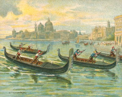 历史和现代的比赛，贡多拉比赛（chromolitho）。 作者 威廉·洪索姆·拜尔斯