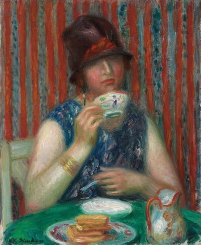 茶杯的女孩，约1920年（布面油画） 作者 威廉·詹姆斯·格拉肯斯