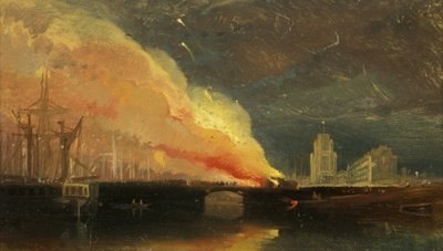 布里斯托尔暴动：与圣玛丽·雷德克利夫（St Mary Redcliffe）在王子街大桥上焚毁的收费站 作者 威廉·詹姆斯·穆勒