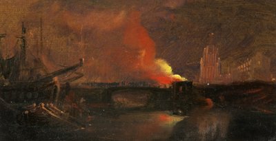 布里斯托尔暴动：与圣玛丽·雷德克利夫（St Mary Redcliffe）一起焚烧王子街大桥上的收费站，约1831年（纸上油） 作者 威廉·詹姆斯·穆勒