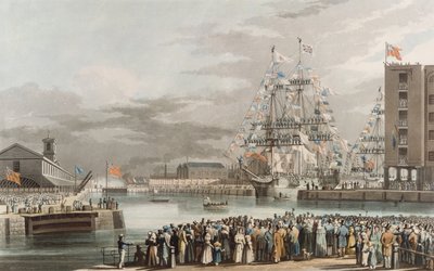 圣凯瑟琳码头：1828年10月25日开放，由E. Duncan（彩色aquatint）雕刻 作者 威廉·约翰·哈金斯