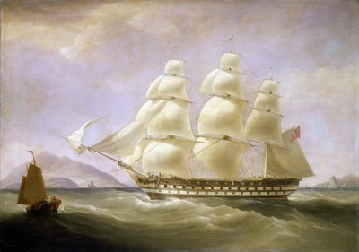 中国沿海的印度洋船 "Triton "号，可见一艘当地小船。布面油画 作者 威廉·约翰·哈金斯