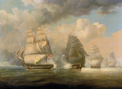 1812年6月23日，在1812年英美战争或第二次独立战争（1812-1815）爆发九天后，"贝尔维德拉号 "军舰在康涅狄格州新伦敦海岸附近逃逸。 作者 威廉·约翰·哈金斯
